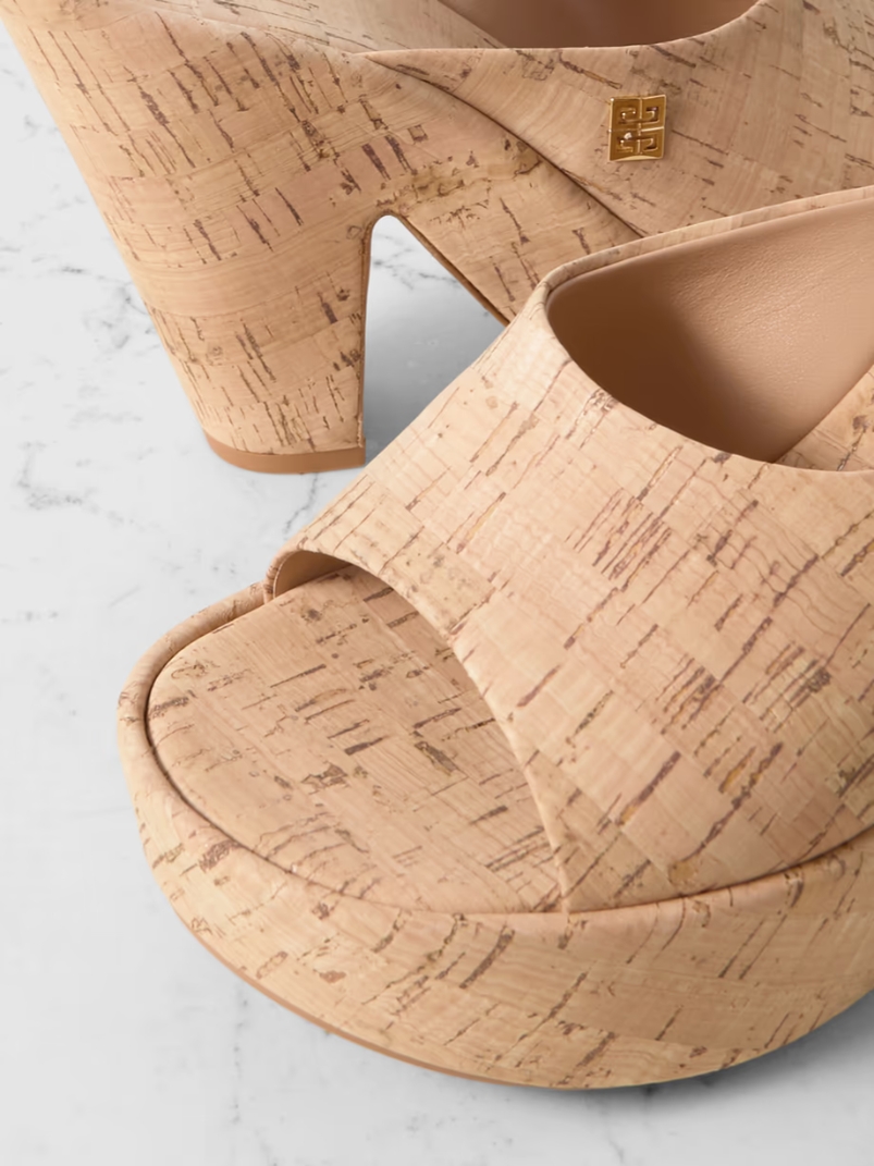 Doll embellished faux cork platform mules