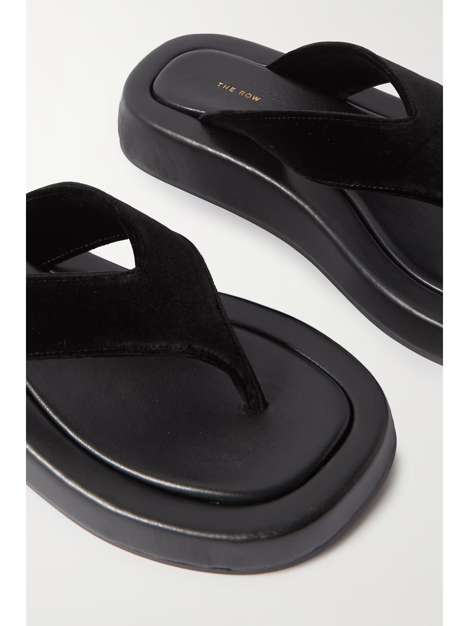 Ginza leather and velvet platform flip flops