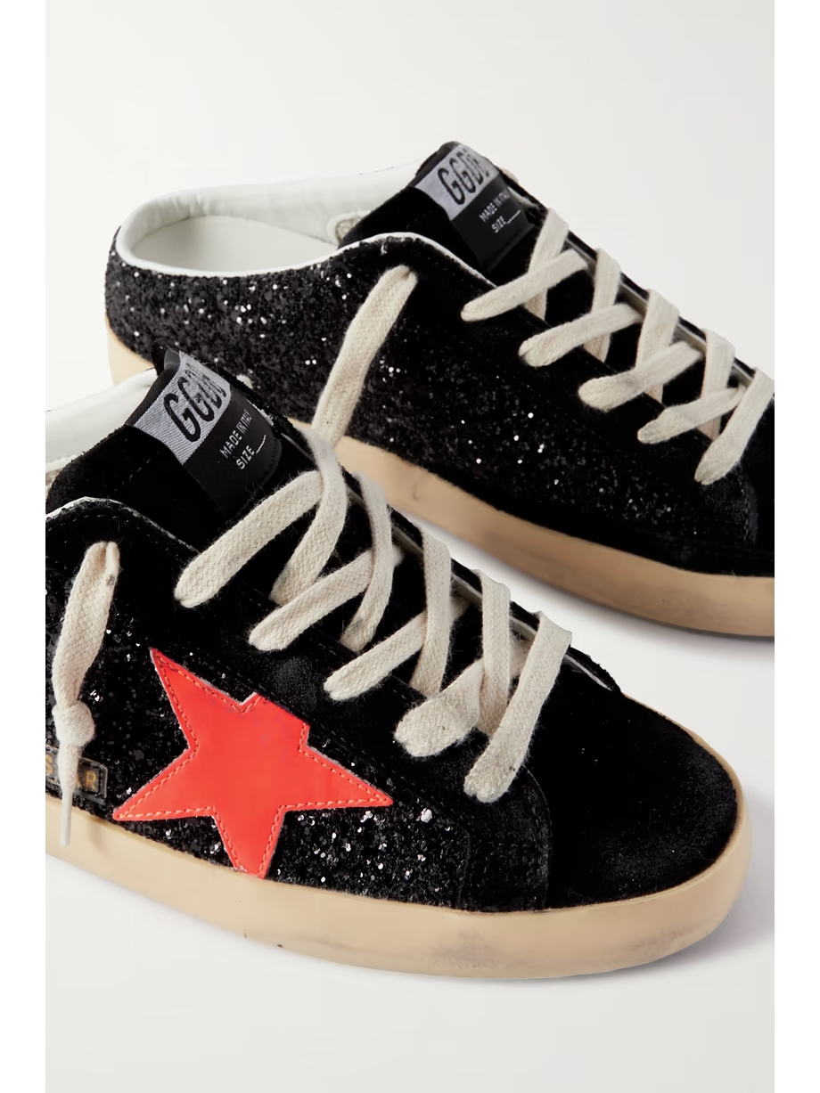 Super-Star Sabot distressed glittered leather and suede slip-on sneakers