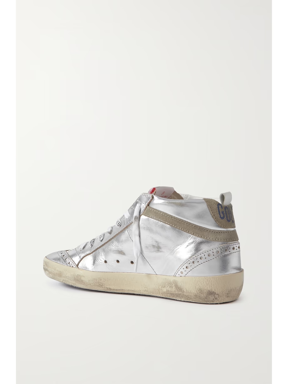 Mid Star distressed suede-trimmed metallic leather sneakers