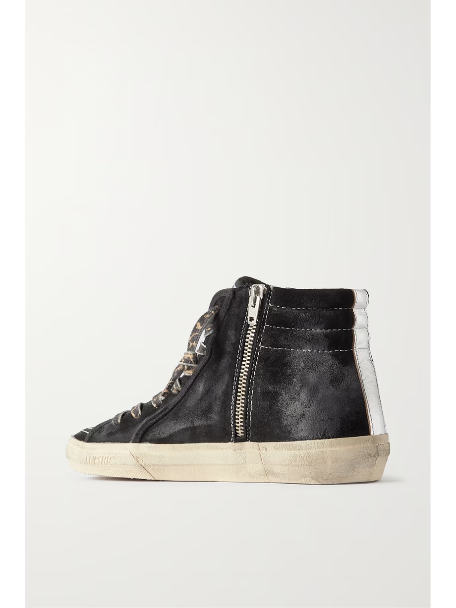 Slide distressed leather-trimmed suede high top sneakers