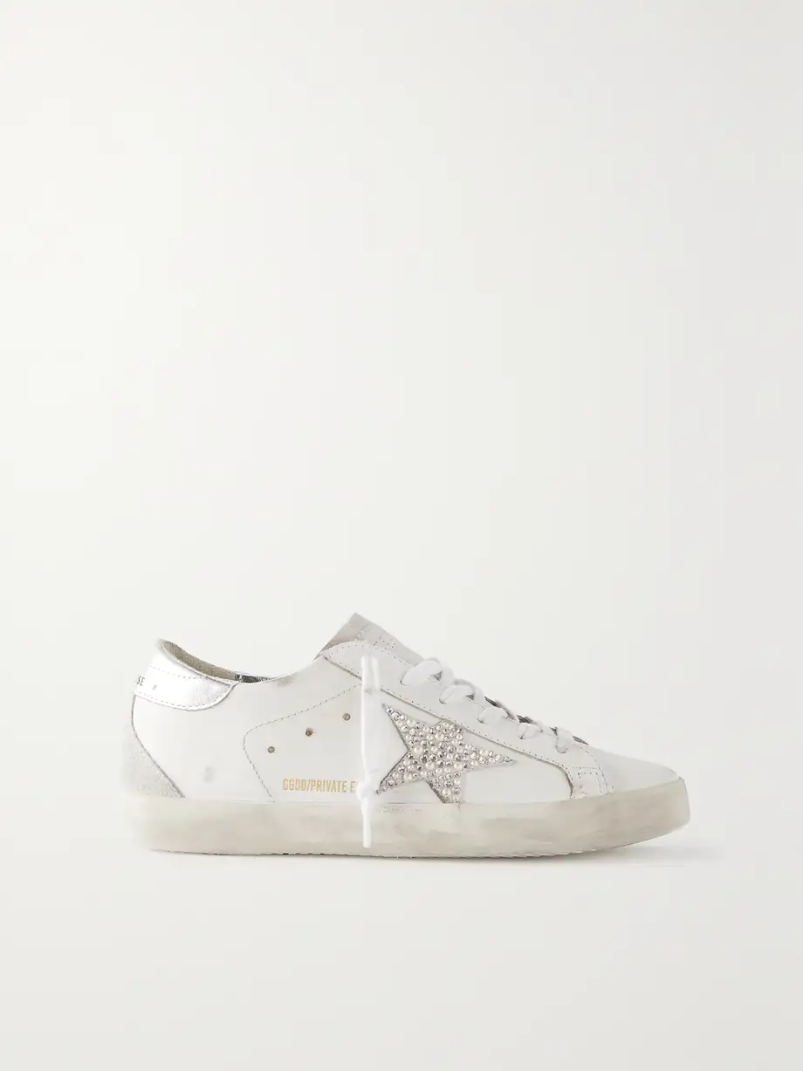 Super-Star embellished distressed suede-trimmed leather sneakers