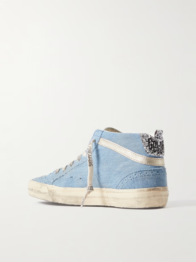 Mid Star glittered leather-trimmed distressed denim high-top sneakers