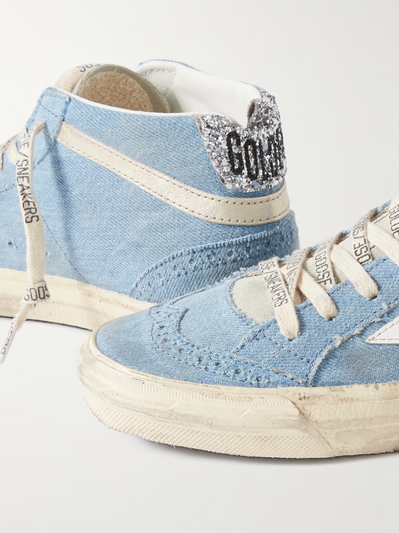 Mid Star glittered leather-trimmed distressed denim high-top sneakers