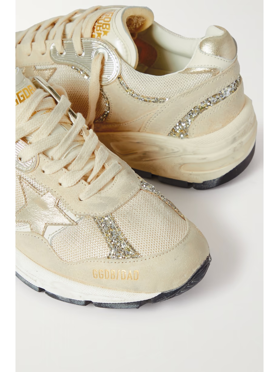 Dad-Star distressed glittered suede, mesh and metallic leather sneakers