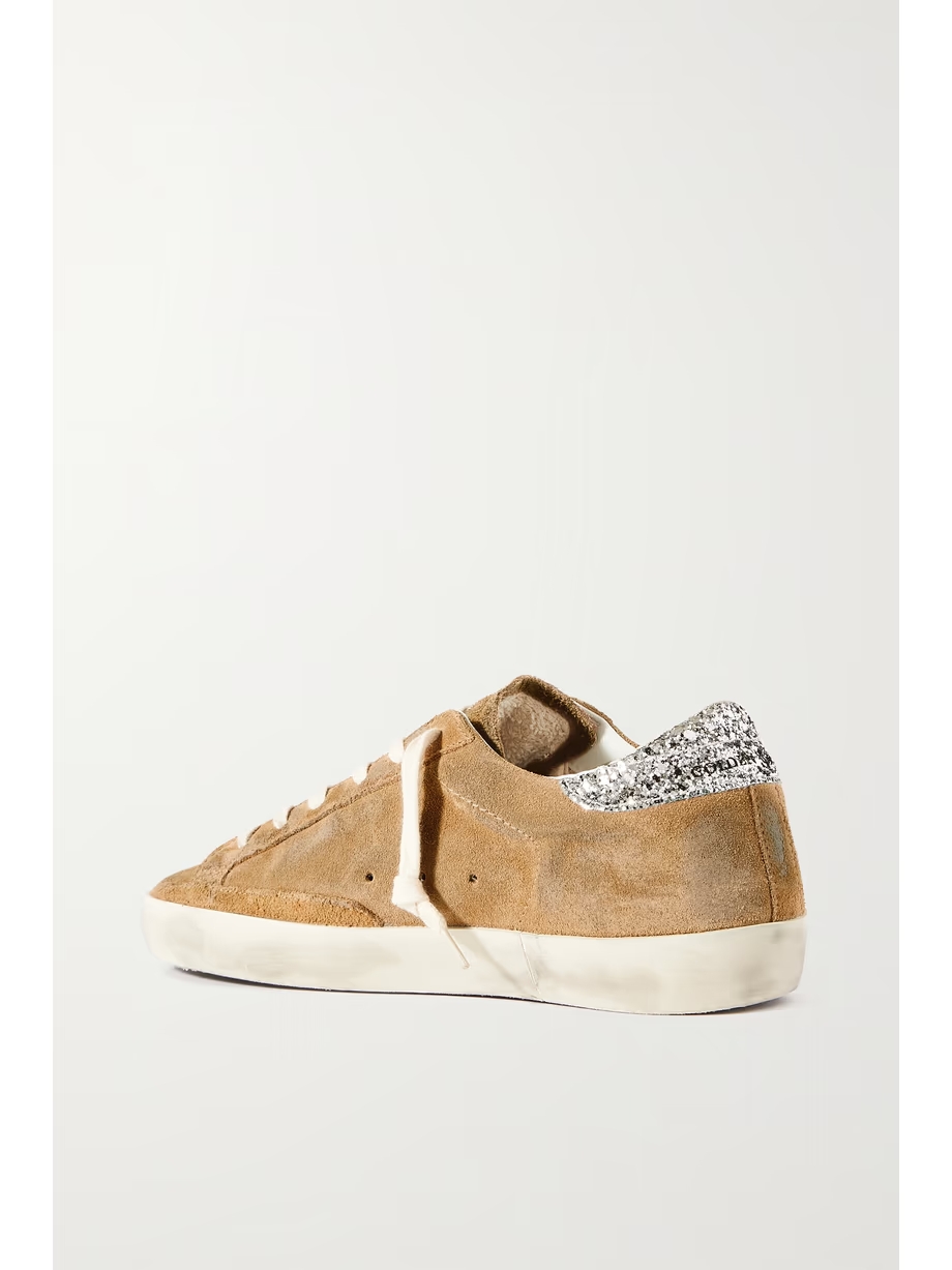 Super-Star distressed glittered leather-trimmed suede sneakers