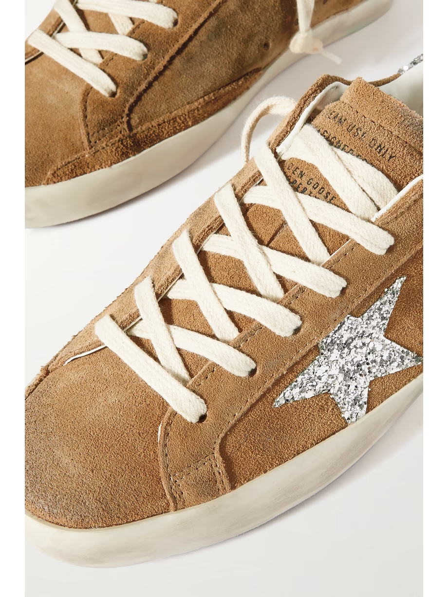 Super-Star distressed glittered leather-trimmed suede sneakers