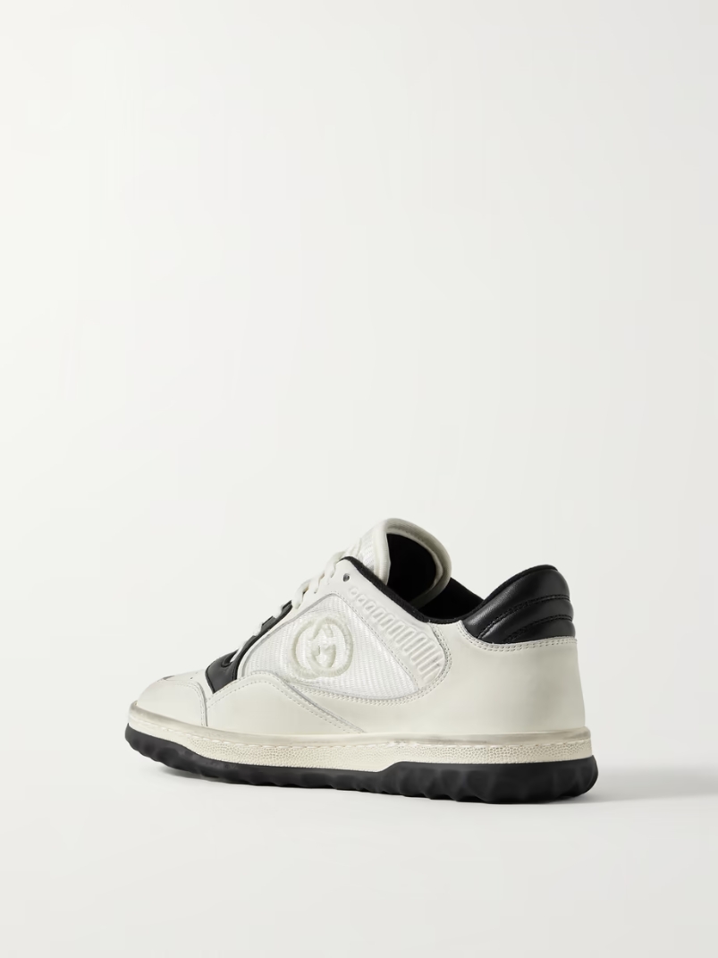 MAC80 distressed leather and embroidered ribbed-knit sneakers