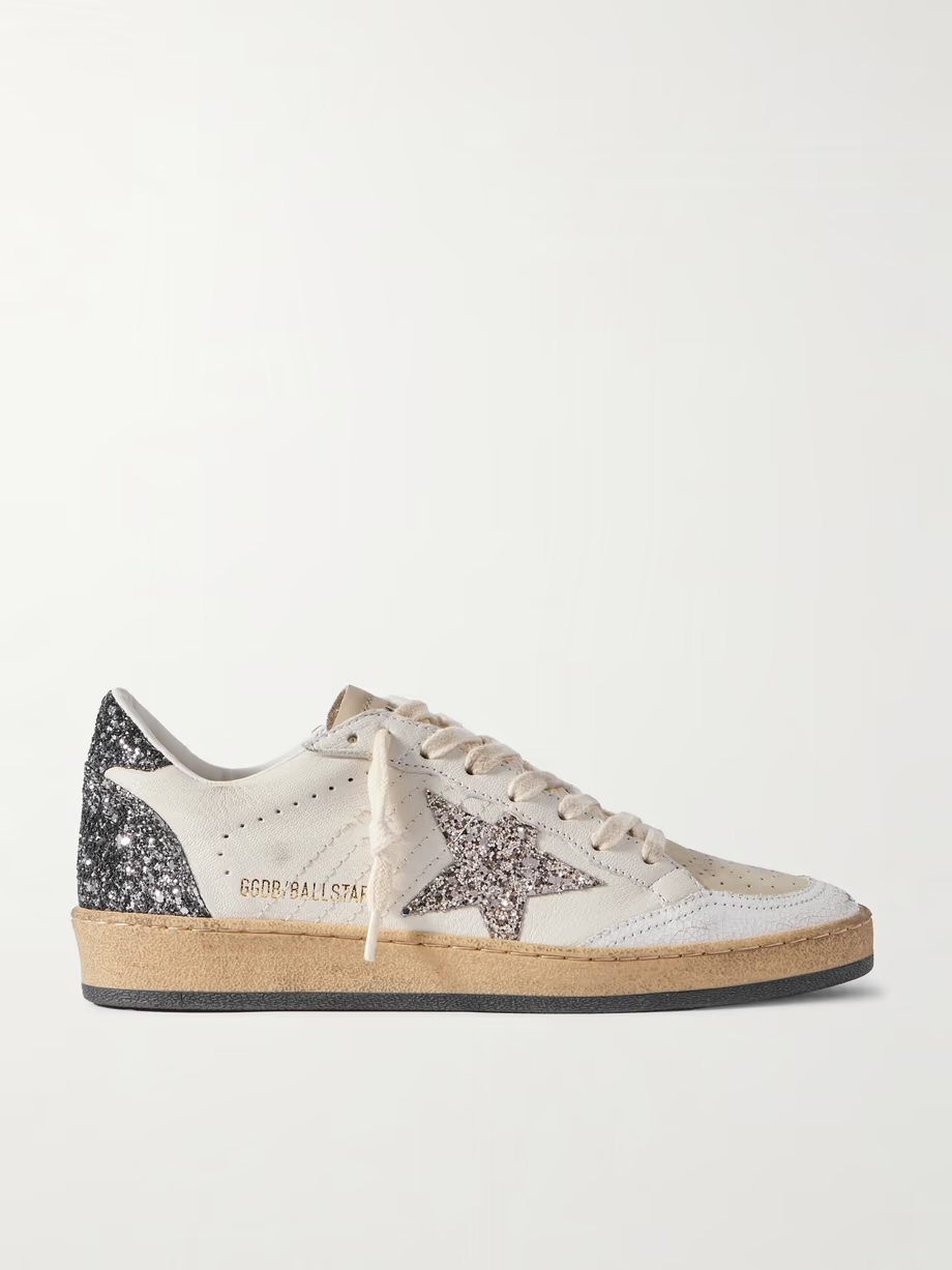 Ballstar glittered distressed leather sneakers