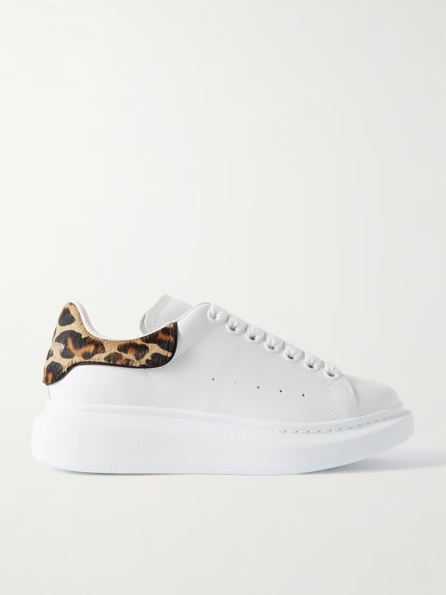 Leopard-print calf hair-trimmed leather exaggerated-sole sneakers