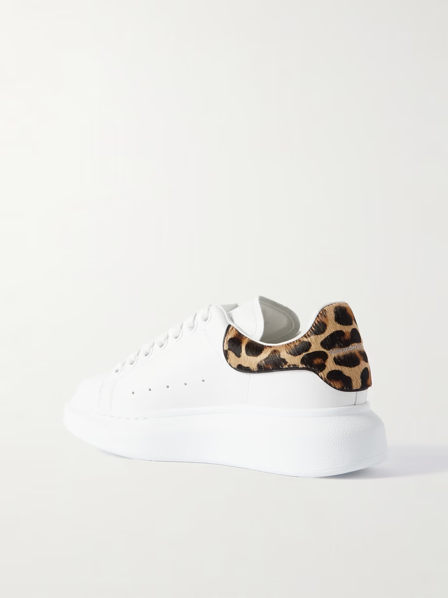 Leopard-print calf hair-trimmed leather exaggerated-sole sneakers