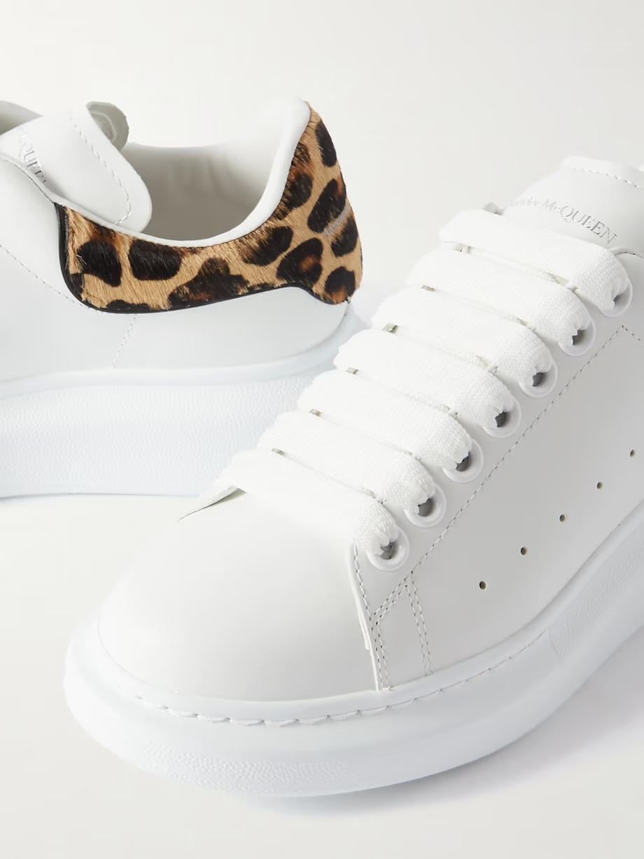 Leopard-print calf hair-trimmed leather exaggerated-sole sneakers