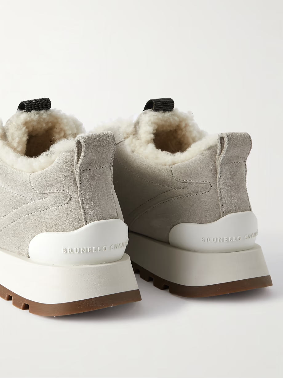 Bead-embellished shearling-trimmed suede slip-on sneakers