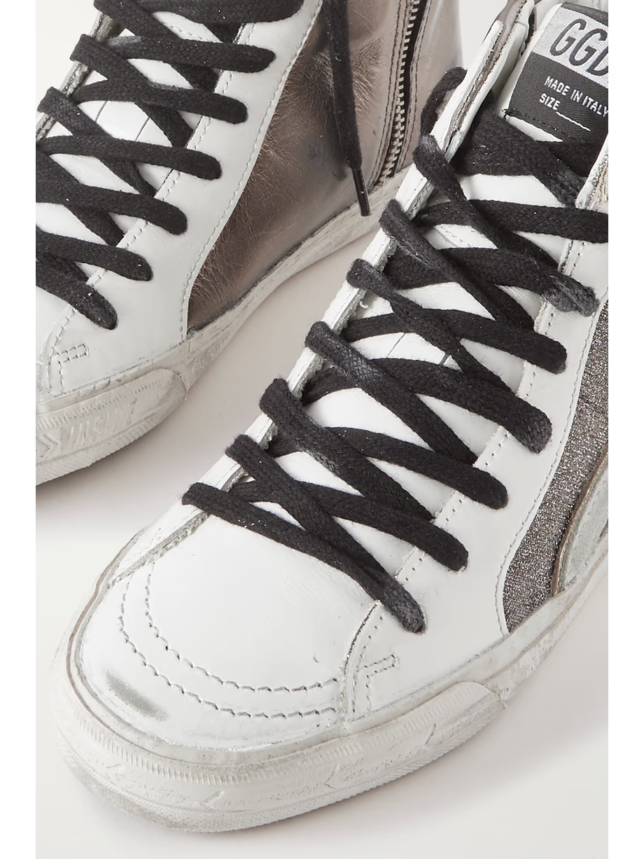 Slide distressed suede-trimmed leather and Lurex high-top sneakers