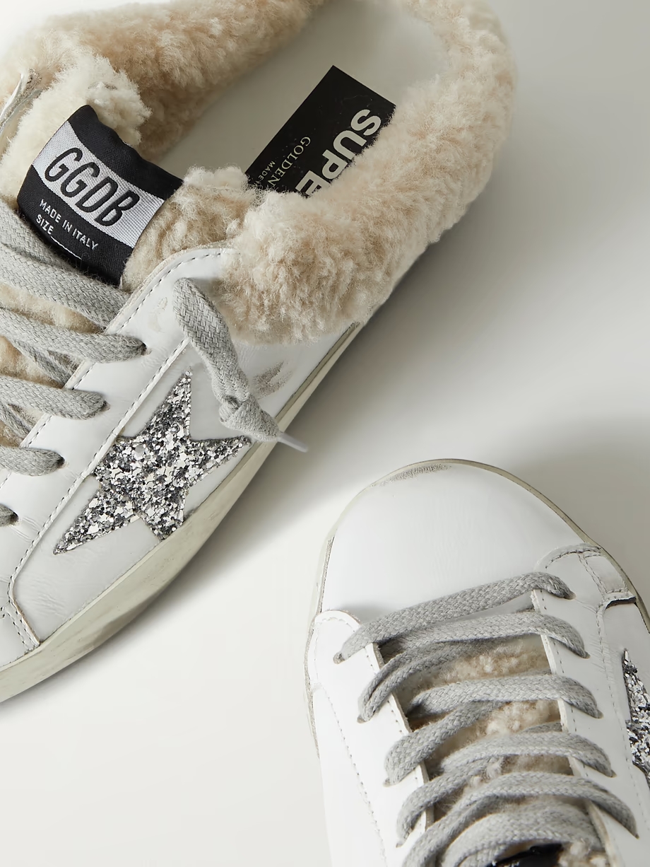 Superstar Sabot shearling-lined distressed glittered leather slip-on sneakers