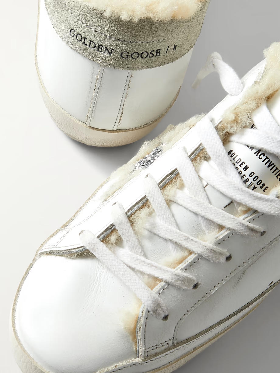 Superstar shearling-lined distressed glittered leather sneakers