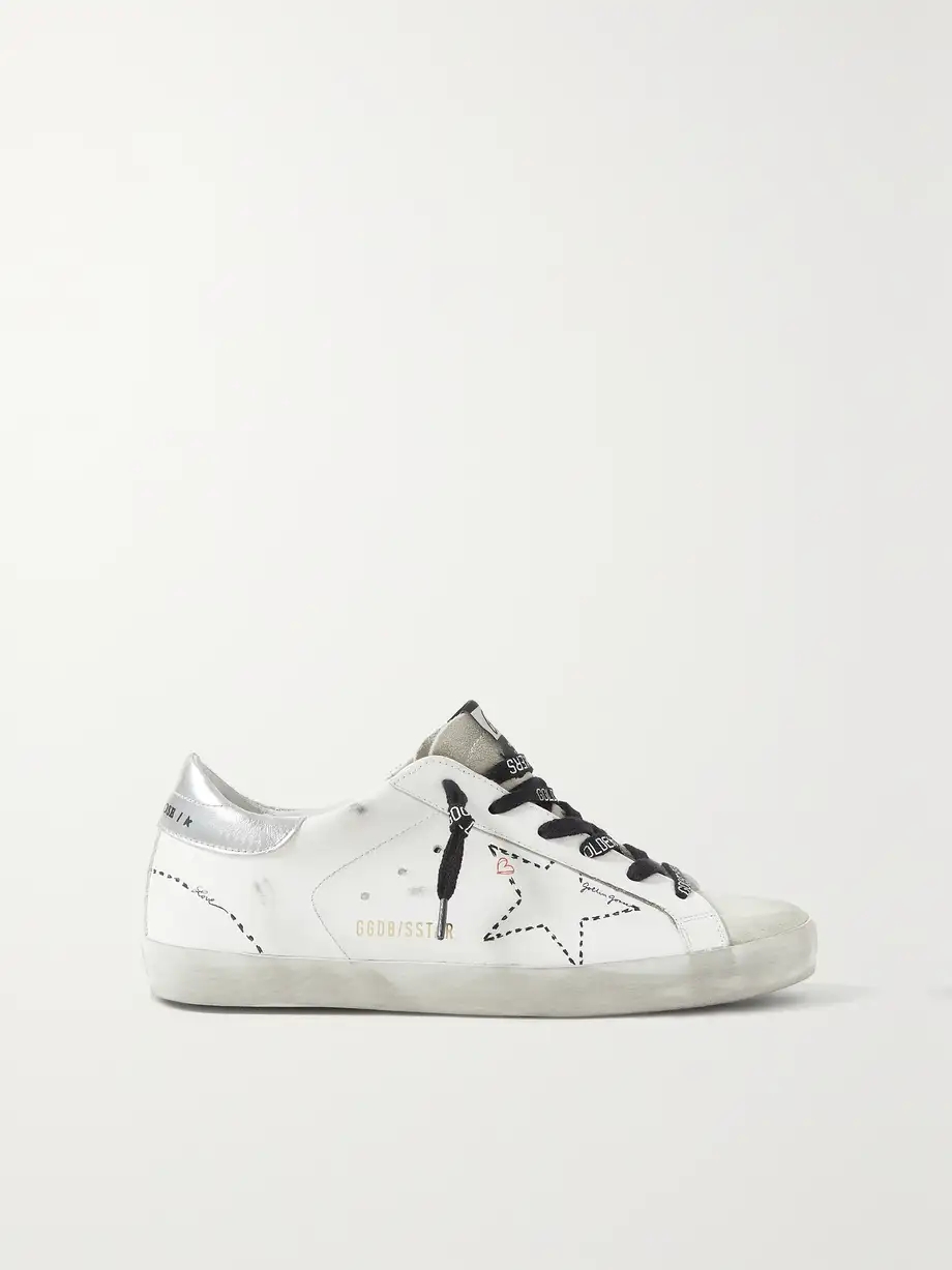 Superstar distressed leather and suede sneakers