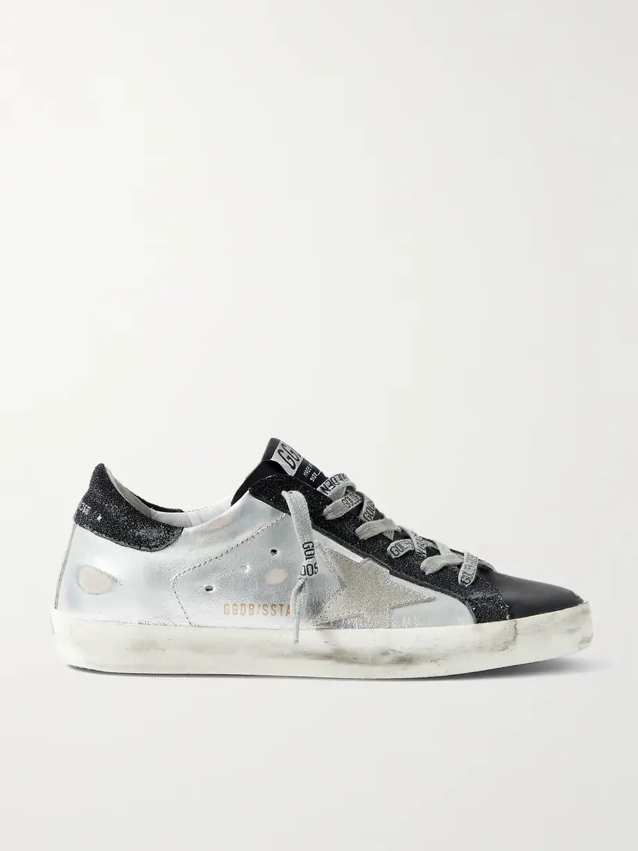 Superstar metallic distressed leather and suede sneakers