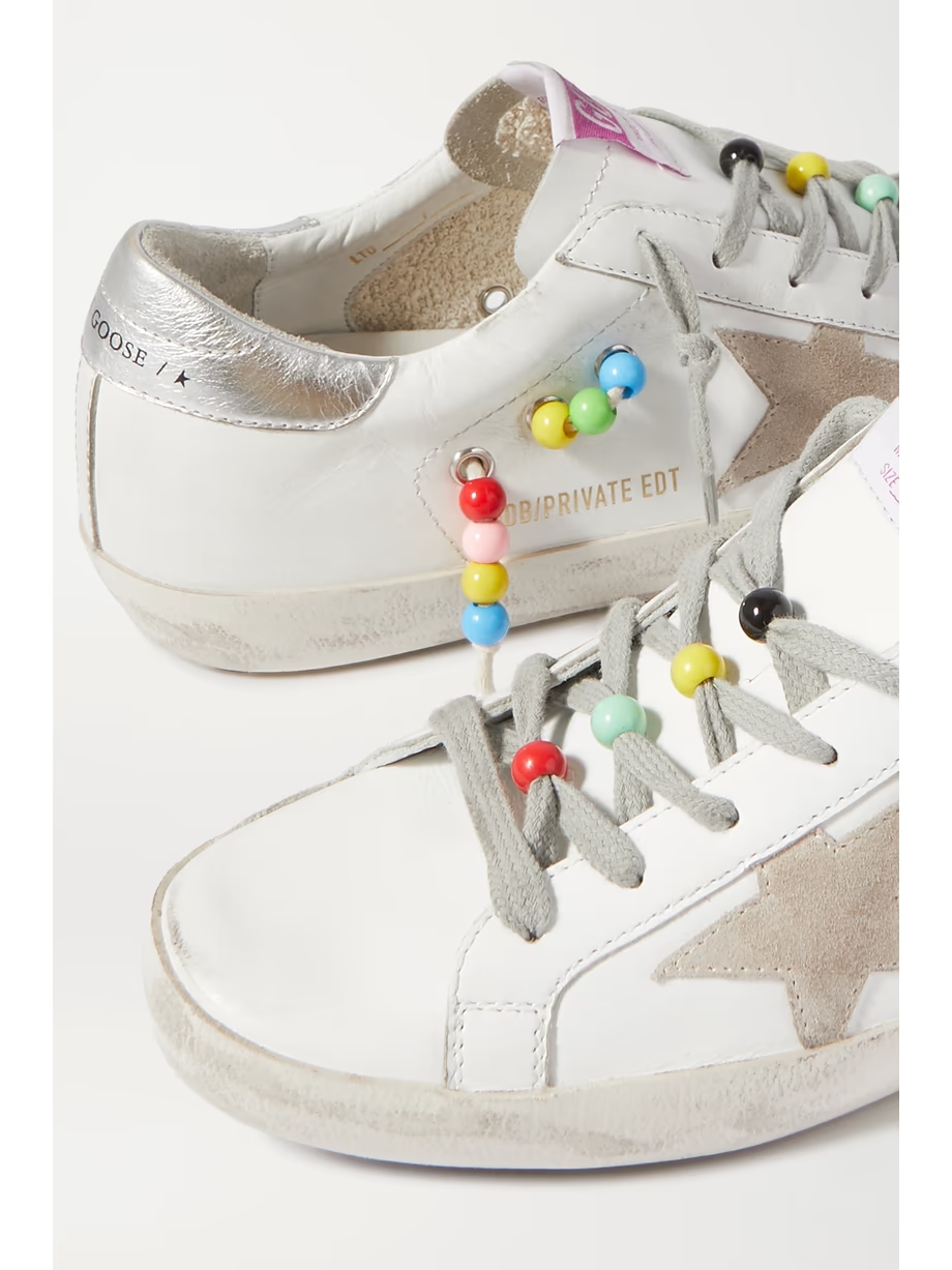 Superstar bead-embellished distressed leather and suede sneakers