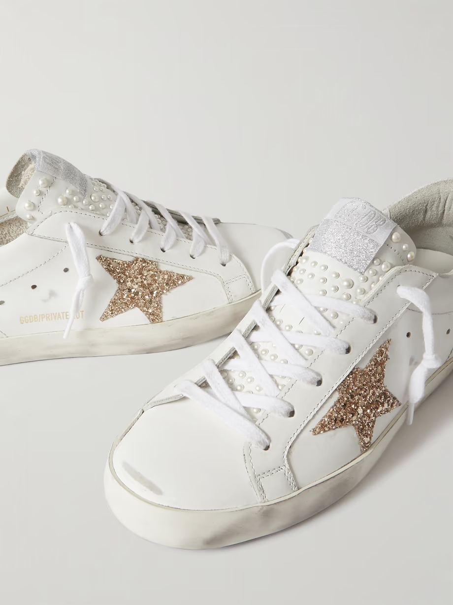 Super-Star embellished distressed glittered leather sneakers